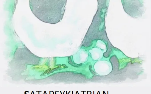 Satapsykiatrian kulttuurifoorumin logo. Logo on yksityiskohta potilaan maalauksesta ja siinä on kanoja ja munia.