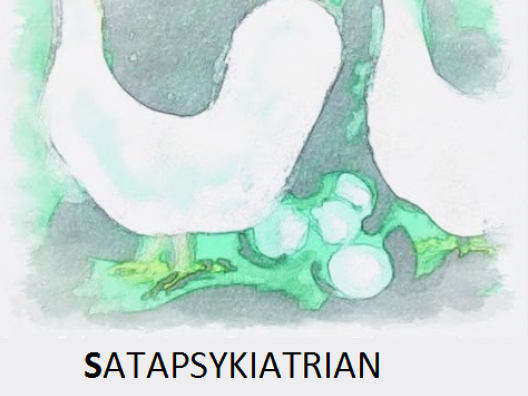 Satapsykiatrian kulttuurifoorumin logo. Logo on yksityiskohta potilaan maalauksesta ja siinä on kanoja ja munia.