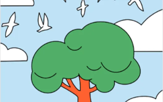 Piiroskuva, jossa puu ja sininen taivas. Taivaalla lentää kymmenen valkoista lintua.