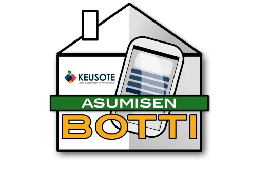 Kuvassa Asumisen Botin palvelutunnus. Talo, jonka sisällä puhelin