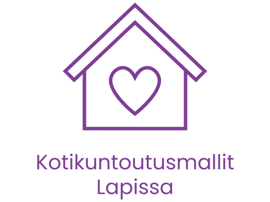 Ääriviivapiirros talosta jonka sisällä on sydän. Kuvan alla lukee: Kotikuntoutusmallit Lapissa.