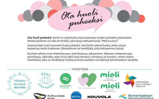 Ota huoli puheeksi korttien kansikuva, jossa on osallistujien logot