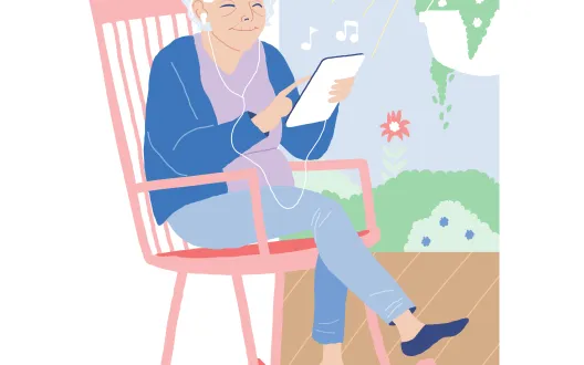 Piirretty, vanha nainen keinutuolissa kuuntelee tabletilta musiikkia