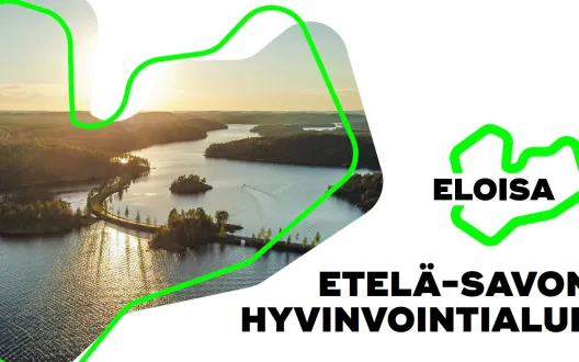 Etelä-Savon hyvinvointialueen logo ja järvimaisema