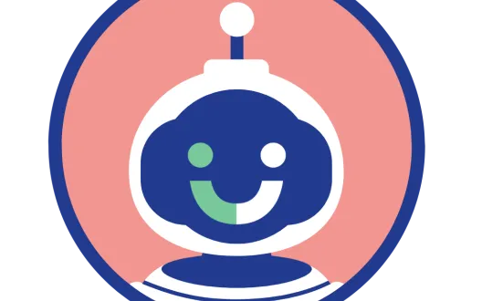 Chatbot kuvake, iloinen hymynaama robotti avaruusasussa. 