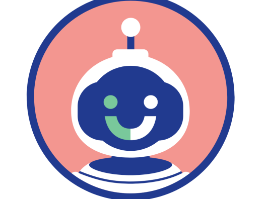 Chatbot kuvake, iloinen hymynaama robotti avaruusasussa.