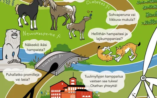 Mainosjuliste elintapapolusta. Julisteen kuvitus Taru Arnkil