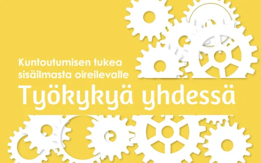 Työkykyä yhdessä -hankkeen logo, jossa on valkoisia hammasrattaita keltaisella taustalla ja teksti: Kuntoutumisen tukea sisäilmasta oireilevalle. Työkykyä yhdessä. 