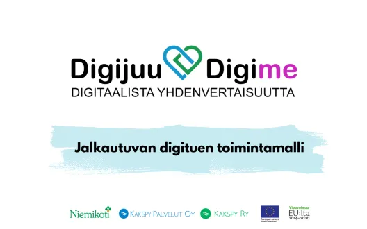 Digijuu Digime-hankkeen logo ja kuvateksti: Jalkautuvan digituen toimintamalli