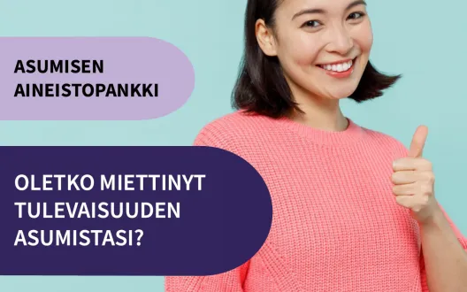 Nuori nainen näyttää peukkua ja hymyilee. Asumisen aineistopankki. 