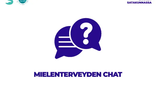 Kuvassa kaksi puhekuplaa, joissa toisessa on kysymysmerkki ja toisessa vastaustekstiä kuvastavat viivat. Alla lukee "Mielenterveyden chat".