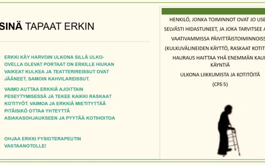 Kuvassa lievästi hauraan vanhuksen kuvaus ja ohje ammattilaisille