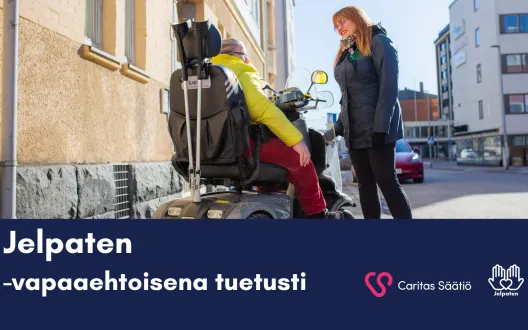 Jelpaten -vapaaehtoisena tuetusti hankkeen työntekijä ja asiakas kohtaavat kadulla.