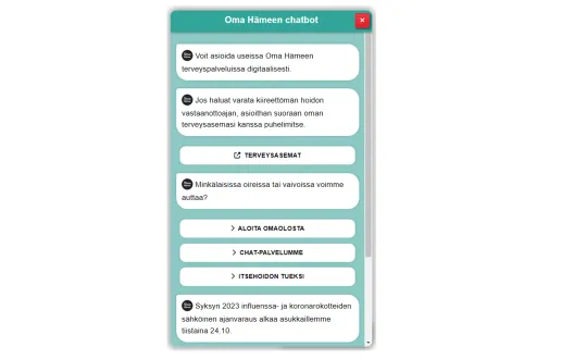 Näyttökuva Oma Hämeen verkkosivuille sijoitetustachat-palvelubotista