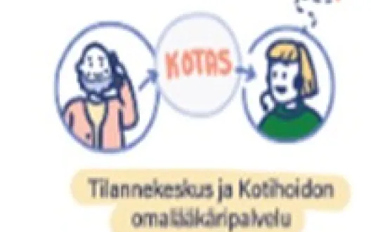 Kuvassa kaksi ihmistä puhelinkeskustelussa keskenään. Toinen heistä on avun kysyjä ja toinen vastaaja. Teksti kuuluu Tilannekeskus ja kotihoidon omalääkärimalli.