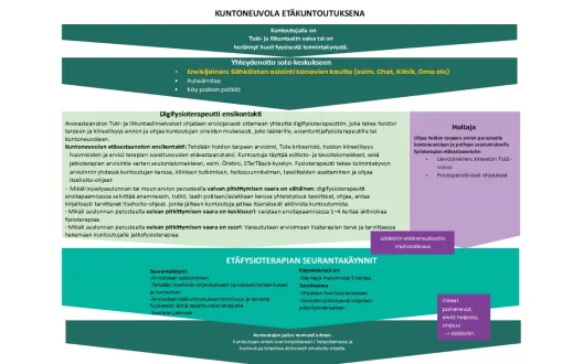 Mallissa on kuvattu Tuki- ja liikuntaelin vaiva potilaan hoitopolku, fysioterapian kuntoneuvolan etävastaanotolla.