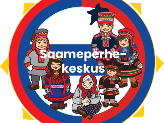 Saamenlipputaustalla gakteissa olevia eri-ikäisiä ihmishahmoja.