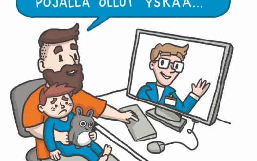 Piirroskuvassa isä lapsen kanssa etä/videovastaanotolla 