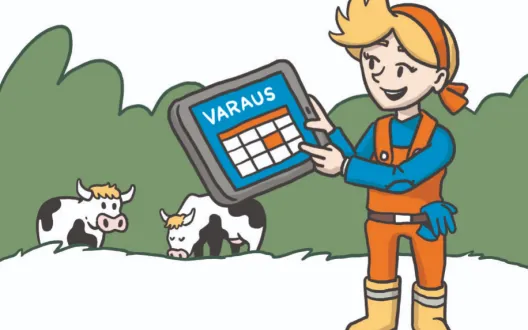 Piirroskuva, jossa henkilö on varaamassa aikaa digitaalisesti maataloustöiden lomassa