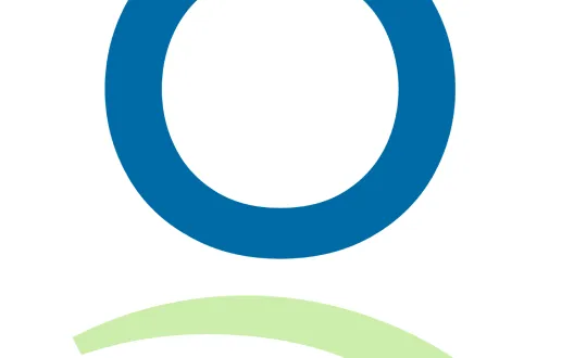 Sininen ympyrä vaaleanvihreän kaariviivan yläpuolella. Omaolo logo.