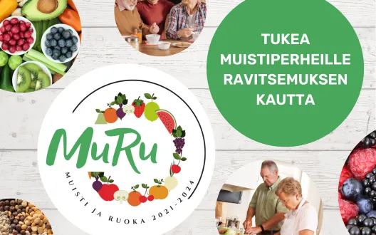 kuvassa ihmisiä laittamassa ruokaa, kuvia kasviksista sekä teksti MuRu Tukea muistiperheille ravitsemuksen kautta