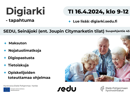 Kuvassa yksi seniori-ikäinen osoittaa sormella kolmelle muulle saman ikäiselle henkilölle älylaitteessaan olevaan asiaa. Kuvan henkilöt ovat ilahtuneita.