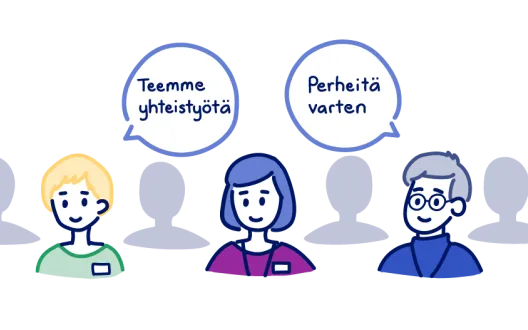 Piirroskuva, jossa eri alojen ammattilaisia. kuvassa puhekuplia, joissa todetaan ammattilaisten tekevän yhteistyötä perheitä varten.