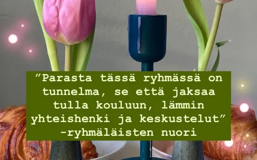 Kuva aamupalasta, johon kirjattu nuoren palaute: "Parasta tässä ryhmässä on tunnelma, se että jaksaa tulla kouluun, lämmin yhteishenki ja keskustelut"