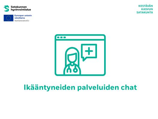 Tietokoneen selainikkuna, jossa näkyy terveydenhuollon ammattilainen ja puhekupla.
