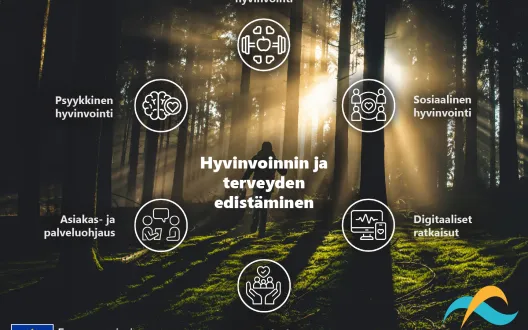 Kuvituskuva terveyden ja hyvinvoinnin edistämisen kokonaisuudesta (psyykkinen, fyysinen ja sosiaalinen hyvinvointi ) sekä hyvinvoinnin ja terveyden edistämisen palvelukonseptista (hyvinvointia ja terveyttä edistävät palvelut, asiakas- ja palveluohjaus ja digitaaliset ratkaisut).