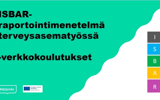 Kansilehti, jossa lukee ISBAR-raportointimenetelmä terveysasematyössä -verkkokoulutukset ja kuvituskuvana on värikäs paloista koostuva suorakaide, missä eri osioissa on I, S, B, A, R -kirjaimet