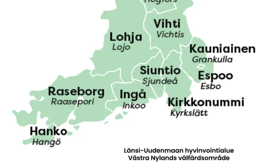 Kuvassa on Länsi-Uudenmaan kunnat kartalla sekä hyvinvointialueen logo alareunassa