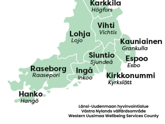 Kuvassa on Länsi-Uudenmaan kunnat kartalla sekä hyvinvointialueen logo alareunassa