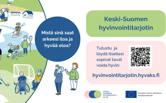 Piirroskuvassa ihmisiä harrastamassa.  Verkko-osoite hyvinvointitarjotin.hyvaks.fi.