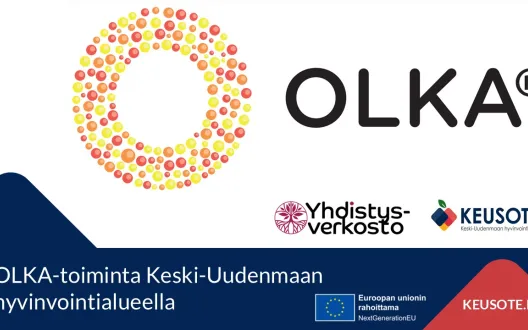 OLKA-toiminnan, yhdistysverkoston, sekä Keusoten logot. OLKA-toiminta Keski-Uudenmaan hyvinvointialueella