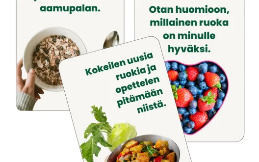Syömiseen liittyviä vahvuuksia esitteleviä kortteja