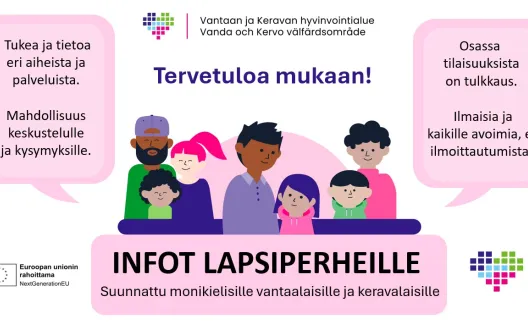 Infot lapsiperheille-tilaisuuksien mainos, jossa kuvitettu piirros monikielisistä perheistä ja puhekuplia, joissa kerrottu lyhyesti mitä ja kenelle kyseiset tilaisuudet ovat.