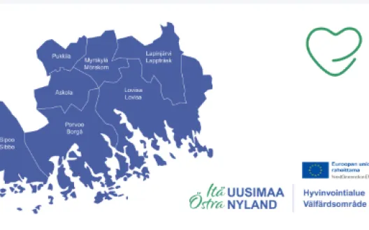 Itä-Uudenmaan hyvinvointialueen kartta ja EU-logo