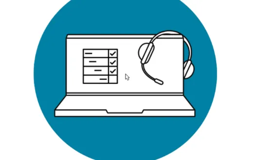 Turkoosin ympyrän sisällä piirros kannettavasta tietokoneesta, jonka näytöllä kysely auki. Näytön kulmalla riippuu kuulokemikrofoni.