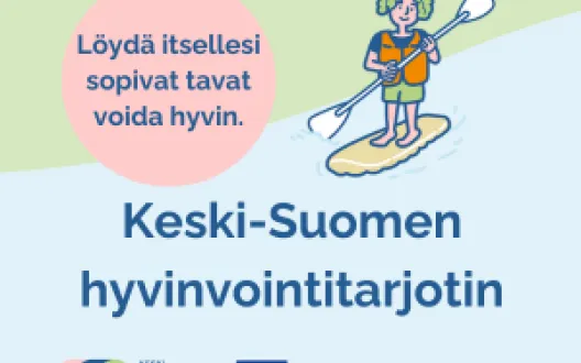Piirroskuva jossa sub-lautailija ja teksti Keski-Suomen hyvinvointitarjotin