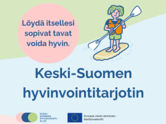 Piirroskuva jossa sub-lautailija ja teksti Keski-Suomen hyvinvointitarjotin