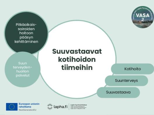 Kuvio, jonka keskiössä on teksti Suuvastaavat kotihoidon tiimeihin. Asiasanoina oikeassa laidassa löytyvät kotihoito, suunterveys ja suuvastaava. Kuvion vasemmalla puolella on maininnat, että tämä kehittäminen kuuluu suun terveydenhuollon palveluihin sekä pitkäaikaissairaiden hoitoon pääsyn kehittämiseen. Kuvasta löytyvät EU-logo saatesanoin Euroopan unionin rahoittama, Lapha.fi-logo sekä VASA2 -hankelogo.