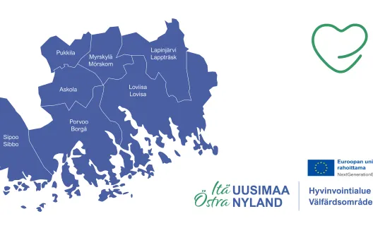 Itä-Uudenmaan hyvinvointialueen karttakuva, johon on kirjoitettu kaikkien kuntien nimet. Sinivalkoinen, jossa hyvinvointialueen ja EU-rahoituksen logot.