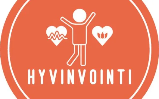Punaisella pohjalla valkoinen ihmishahmo, jonka molemmilla puolilla sydämet. Kuvan alla teksti Hyvinvointi