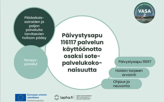 Vaaleanvihreä tausta, jossa VASA2-logo sekä tekstit; Pitkäaikais-sairaiden ja paljon palveluita tarvitsevien hoitoon pääsy, terveyspalvelut, Päivystysapu 116117 palvelun käyttöönotto osaksi sote-palvelukokonaisuutta. Lisäksi avainsanat päivystysapu 116117, hoidon tarpeen arviointi, ohjaus ja neuvonta
