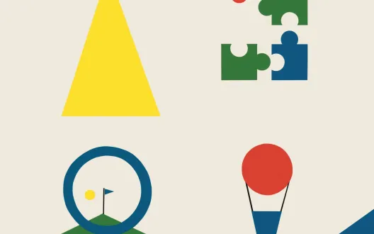 Kuva esittää ITSE-mallin neljä vaihetta symboleina. Taskulamppu ja valokeila kuvaavat innostamista, palapelin palat toteuttamista, suurennuslasi ja lippu seurantaa sekä kuumailmapallo edistämistä. Jokainen symboli tiivistää yhden vaiheen keskeisen idean.