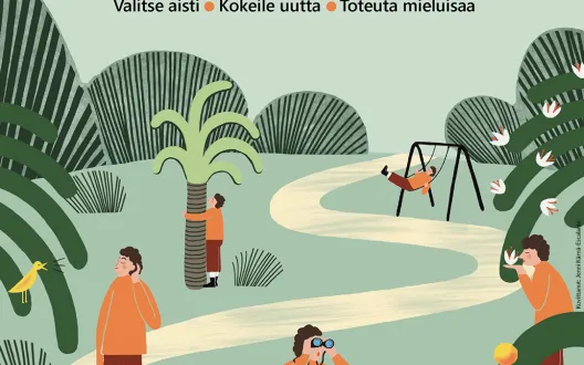 Kuvassa on Rohkaisin-toimintamallin kuvitus, jossa ihmiset tutkivat ympäristöä eri aistien avulla: he kuuntelevat, katsovat kiikareilla, haistavat, koskettavat ja keinuvat. Ylhäällä on teksti ‘Rohkaisin – Valitse aisti, Kokeile uutta, Toteuta mieluisaa’. Kuvan alareunassa näkyvät Kehitysvammaliiton ja Tikoteekin logot.