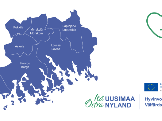Kuvassa on Itä-Uudenmaan hyvinvointialueen kartta sekä hyvinvointialueen logo ja EU-logo. 