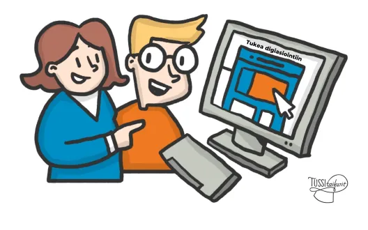 Piirroskuva, missä mies ja nainen katsovat tietokoneen näytöltä Tukea digiasiointiin -sivua