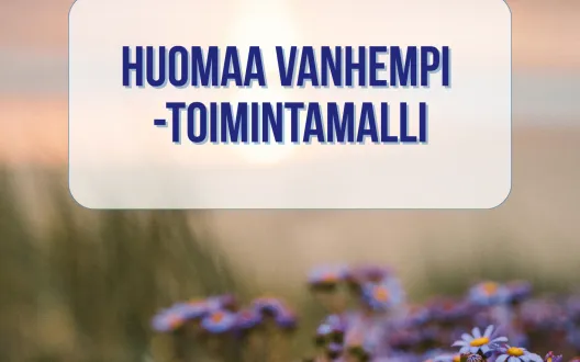 Huomaa vanhempi -toimintamallin kansikuva, jossa otsikko, ja taustalla auringonlasku sekä kukkia